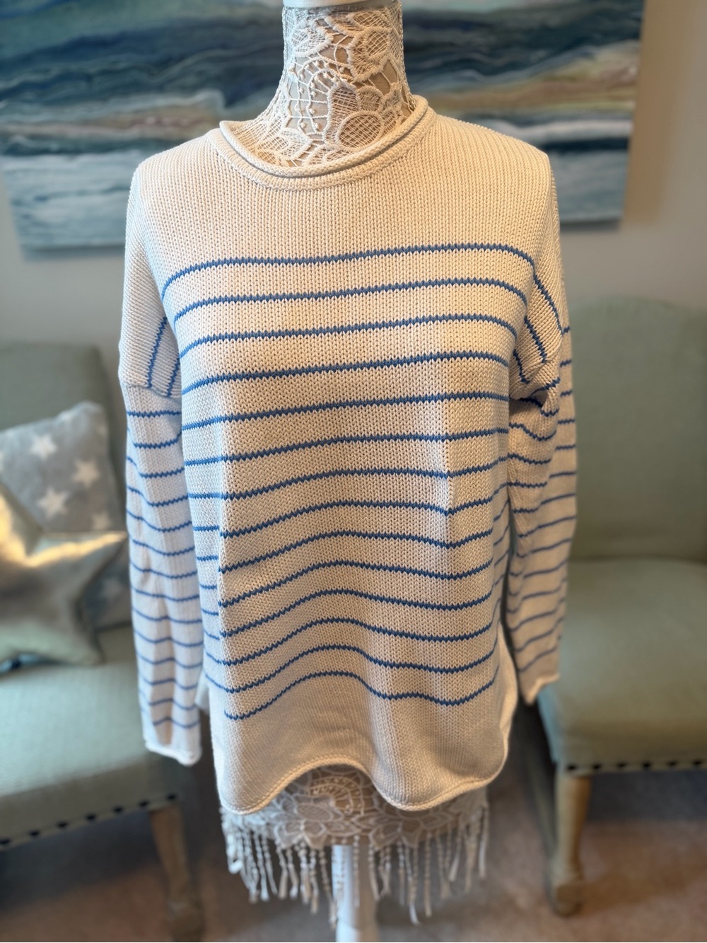 Lilly Pulitzer Cream Sweater with Blue Stripes